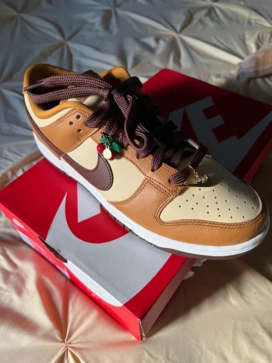 Nike Dunk Low SE Brown and Cream with Cherry Lace Charms - Picture 2 of 6